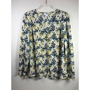 J.Jill Blue Yellow Bird Floral Print Blouse Button Front Size Large